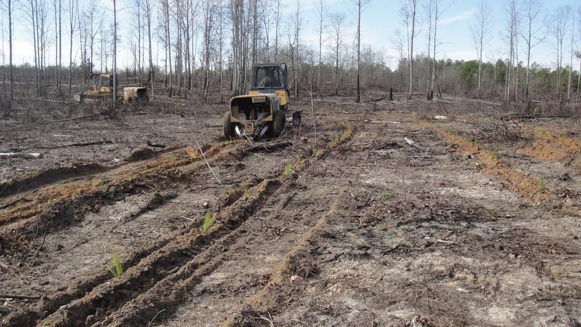 Mechanical tree planting tractor installing pine seedlings in prepared rows