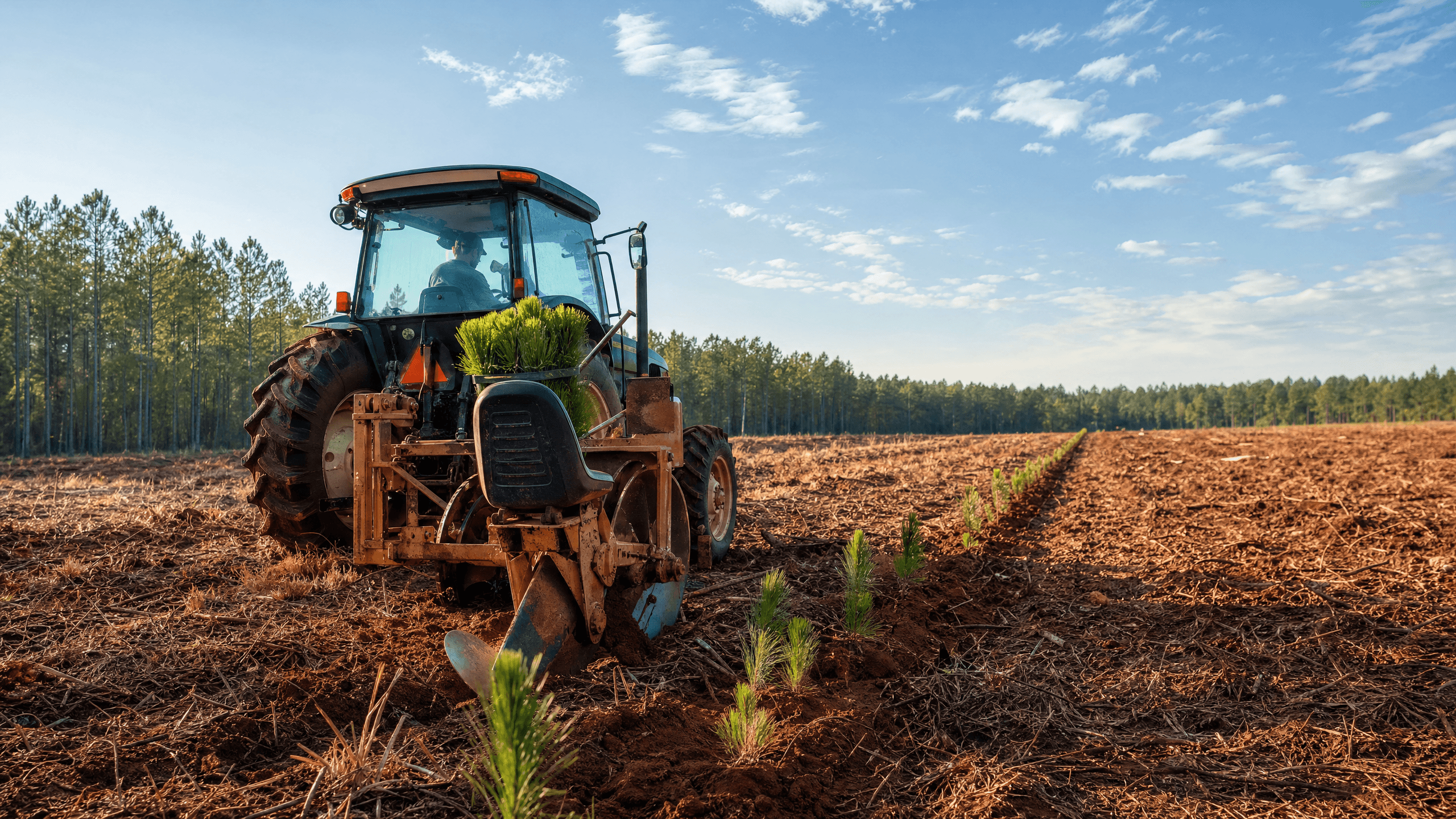 V-blade planter setting pine seedlings in prepared Georgia soil